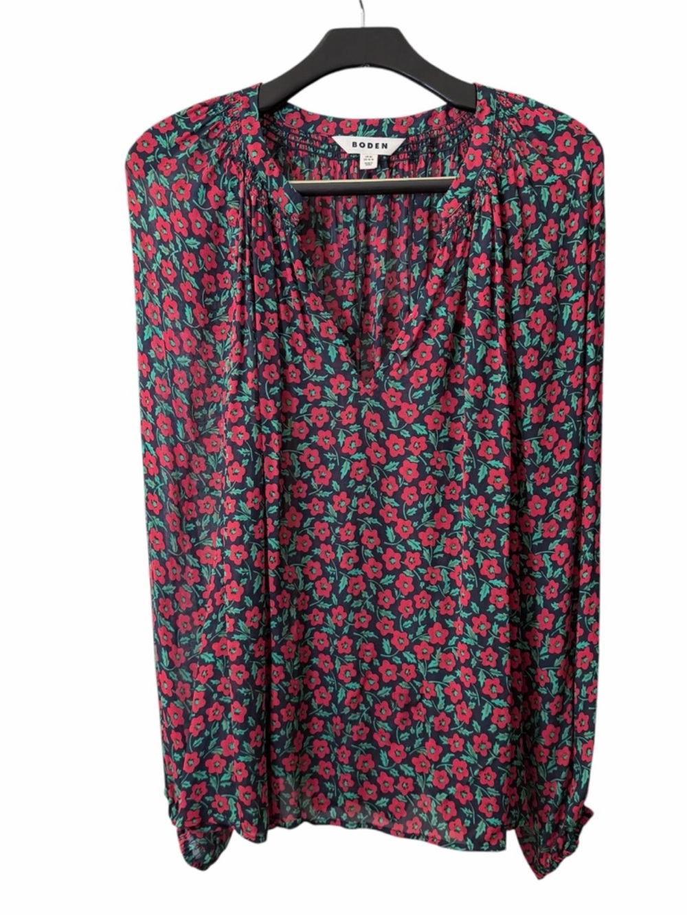 Boden Red Floral Long-Sleeve V-Neck Blouse